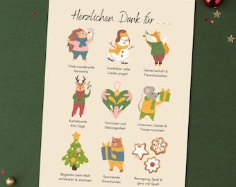 May include: A cream-colored print with cartoon illustrations and German text, including the phrase "Herzlichen Dank für..." and images of animals and Christmas ornaments. The print is decorated with Christmas ornaments and stars.