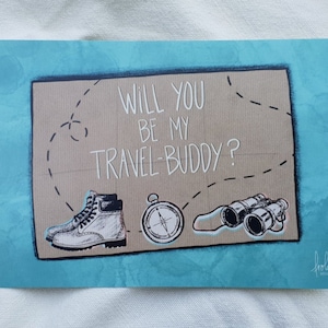 Carte Travel Buddy avec boussole, chaussures de randonnée et jumelles ! Voyage + Aventure + Amis