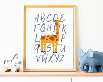 Giraffe ABC Kaart Poster Kinderkamer Muurdecoratie Babydecoratie Alfabet Leerposter voor Schoolkinderen Muurdecoratie Terug naar School Digitale Download