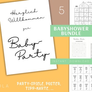 Babyshower Bundle -> Mini Activity, Tipp-Karte, Stadt Land Fluss, ... + mehr Spiele! Babyparty deutsch Download Basic Schwarz weiß Set *5*