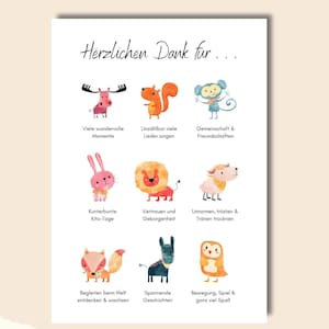 Carte de remerciement Kita adieu • Carte maternelle • Cadeau éducateur • Animaux aquarelle wapiti singe lion hibou âne • affiche • objet numérique