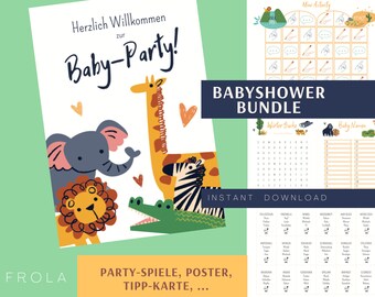 May include: A printable baby shower bundle with a jungle theme. The bundle includes a welcome sign, a word search, a baby name list, and a mini activity. The welcome sign features a giraffe, an elephant, a lion, and a crocodile. The text on the welcome sign reads "Herzlich Willkommen zur Baby-Party!"
