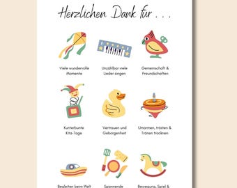 May include: A colorful illustration of toys and activities that represent the joys of childhood, including a kite, a toy piano, a rocking horse, a toy duck, a spinning top, a toy boat, a toy kitchen, and a red bird with a wind-up key. The text "Herzlichen Dank für..." is at the top of the image.