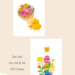 2er Set • Frühling / Osterkarte • Küken Blumenstrauß + Küken Ostereier Blumen • Geschenk • Karte • Poster • A4 + A6 • Digitaler Artikel