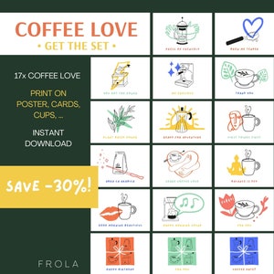 Coffee Love •SET• Tarjetas/pósteres para amantes del café y baristas • Arte mural, tarjeta de regalo, tarjeta de agradecimiento, tarjeta con frase "café" • Artículo digital