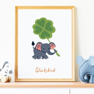 Póster de la tarjeta del niño de la suerte, imagen de la pared de la habitación de los niños, decoración del bebé, elefante, amuleto de la suerte, inicio de la escuela, niño, hoja de trébol, trébol de la suerte, descarga digital