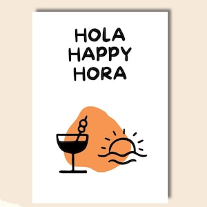 Hola Happy Hora • Cocktail Drink Zonsondergang Zee Strand Vakantie Feest Bar Proost Happy Hour • Kaart Poster • Digitale download