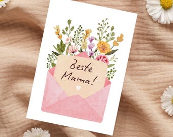 May include: A pink envelope with a brown paper note inside that says "Beste Mama!"  The envelope is surrounded by a bouquet of colorful flowers.