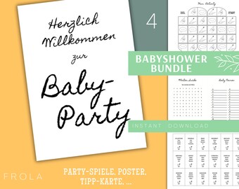 May include: A printable baby shower bundle with four different games, including a word search, a baby name game, a mini activity, and a guessing game. The bundle is available for instant download. The text on the image reads "Herzlich Willkommen zur Baby Party" and "BABYSHOWER BUNDLE".