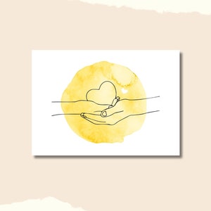 Carte de naissance • 2 devient 3 • Une main pleine d'amour • Carte Bonjour bébé • Petite personne grand amour • Cœur • Petit miracle • Aquarelle jaune