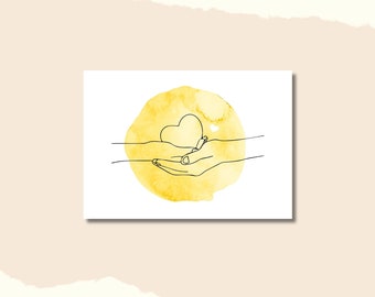 May include: A line drawing of two hands holding a heart shape, set against a yellow watercolor background.