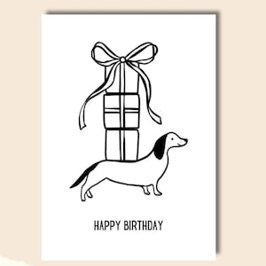 HAPPY BIRTHDAY! • Dackel Karte • Hund + Geschenke mit Schleife • Geburtstagskarte Herrchen Frauchen Dogmom • Partyhund • Din A6