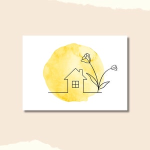 Carte pour : emménagement • déménagement • nouvelle maison • nouvelle maison • inauguration de cadeaux • cérémonie de clôture • home sweet home avec fleurs et aquarelle en jaune