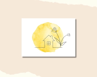 Card for: Moving in • Moving • New house • New home • Housewarming gift • Topping-out ceremony • Home sweet home with flowers & watercolor in yellow