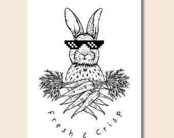 May include: A black and white illustration of a rabbit wearing sunglasses and holding a bunch of carrots. The text "Fresh & Crisp" is written below the rabbit.