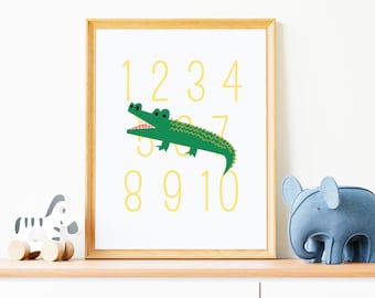 Crocodile Numbers Map Poster Nursery Wall Art Baby Decor Safari Learning Poster Back to School Schoolchild Gift for Birth Digital Download