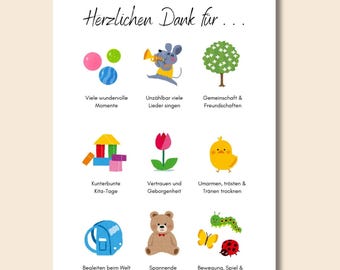 May include: A colorful thank you card with illustrations of a child's world, including a tree, a bird, a flower, a backpack, a teddy bear, a caterpillar, and a ladybug. The text reads "Herzlichen Dank für..." which translates to "Thank you for..." in English.