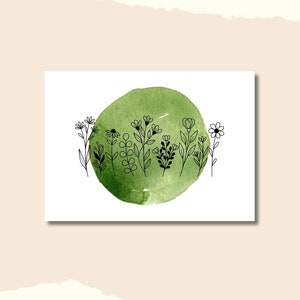 Carte à offrir avec variation de fleurs et tache aquarelle de vert • Anniversaire • Fête des mères • Bon rétablissement • Merci • Emménagement