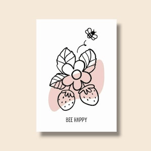 BEE HAPPY • Tarjeta de verano con fresa y abeja • minimalista en rosa y negro • flores verano fresa amor • Din A6