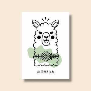 GEEN DRAMA LAMA • Schattige lama / alpaca kaart • Azteekse Maya Inca patroon • groen zwart • DIN A6 • gratis verzending in Duitsland