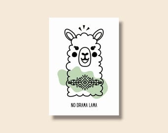 NO DRAMA LAMA • Cute llama/alpaca card • Aztec, Mayan, and Incan patterns • Green and black • A6 size • Free shipping in Germany