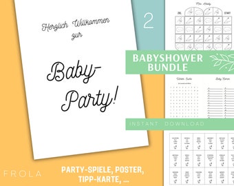 May include: A printable baby shower bundle with a green and white color scheme. The bundle includes a welcome sign, a baby name list, a word search, and a game with a pencil and paper theme. The text on the image reads "Baby Party!" and "Baby Shower Bundle".