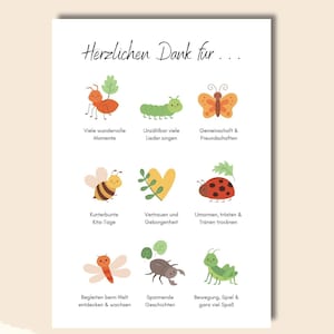Könnte beinhalten: Eine weiße Karte mit dem Text "Herzlichen Dank für..." und farbenfrohen Illustrationen von Insekten und anderen Kreaturen. Die Karte zeigt eine Ameise, eine Raupe, einen Schmetterling, eine Biene, einen Marienkäfer, eine Libelle, einen Käfer und eine Heuschrecke.