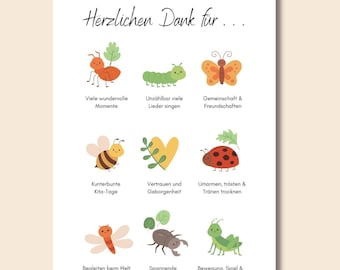 May include: A white card with the text "Herzlichen Dank für..." and colorful illustrations of insects and other creatures. The card features an ant, caterpillar, butterfly, bee, ladybug, dragonfly, beetle, and grasshopper, each with a related phrase.