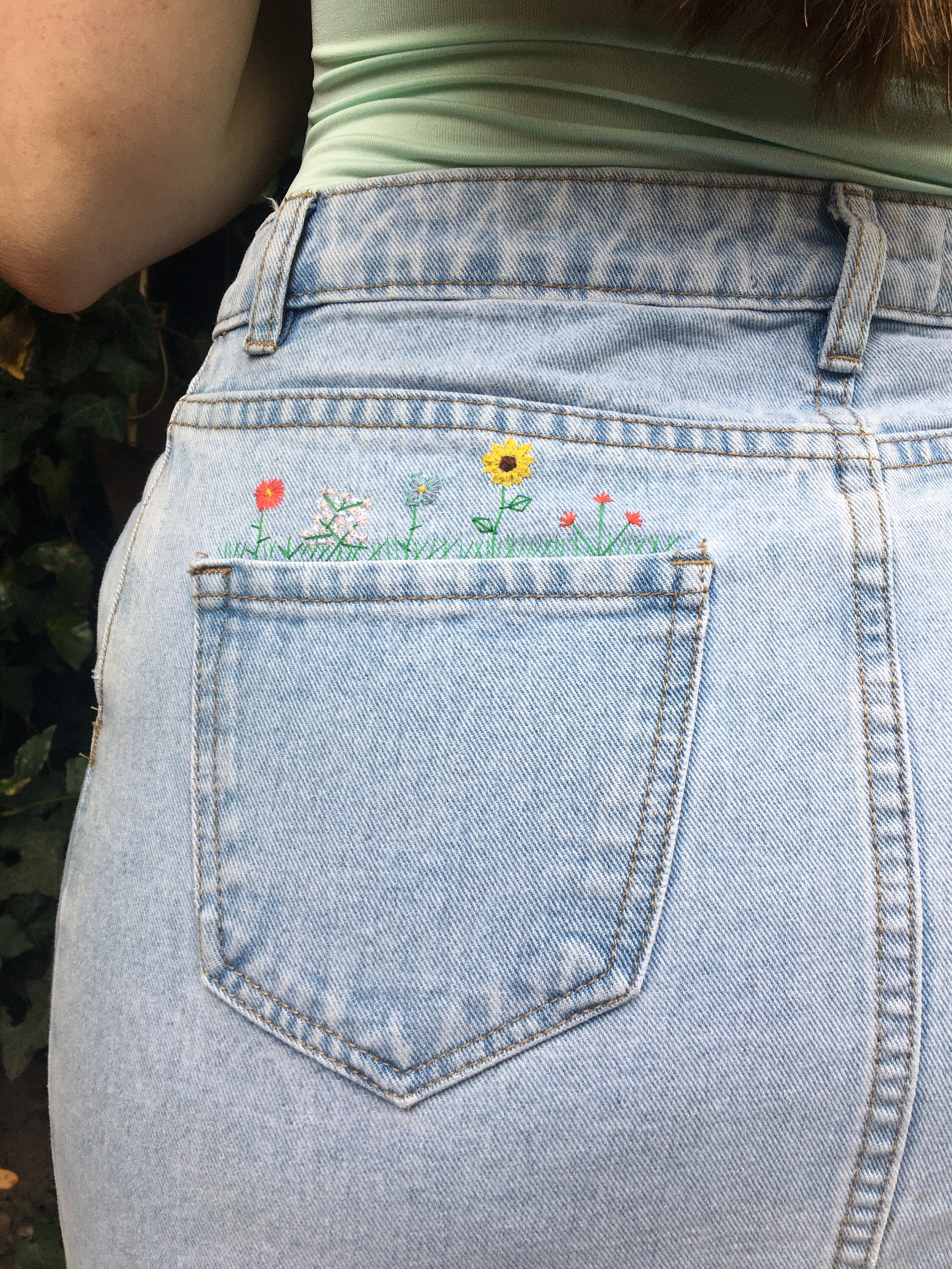 Embroidered Wildflowers on Denim Skirt - Etsy
