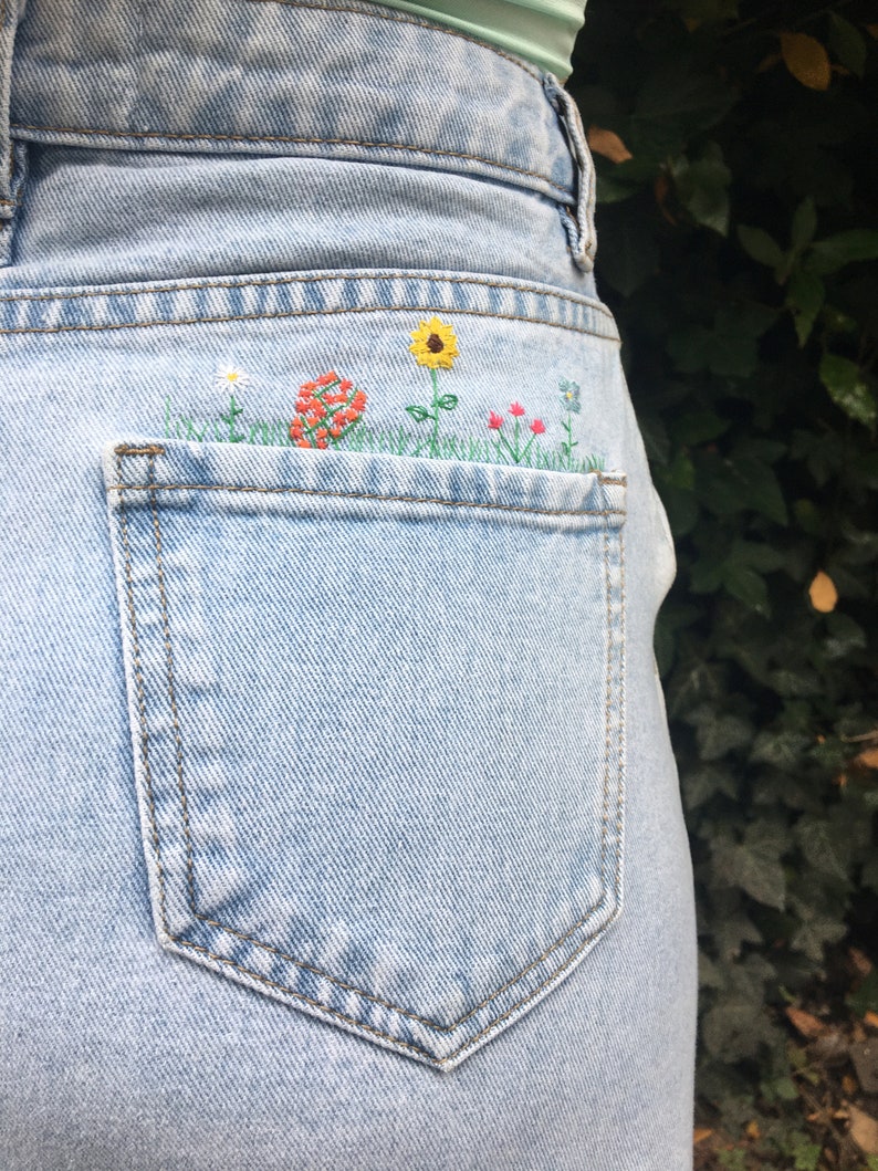 Embroidered Wildflowers on Denim Skirt | Etsy