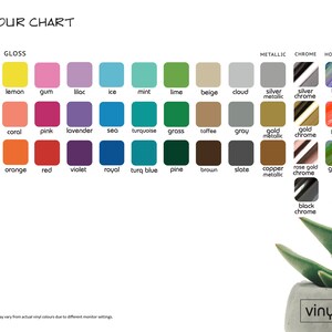 May include: Color chart showing a variety of vinyl colors in matte, gloss, metallic, chrome, and holographic finishes. The chart includes colors like white, black, orange, red, violet, royal blue, turquoise, green, brown, gray, silver, gold, and copper.