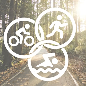 May include: Three white circles with icons representing running, cycling, and swimming. The circles are overlapping and are set against a background of a forest path.
