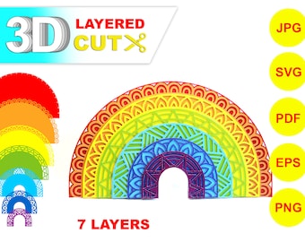 3D Mandala Rainbow, Layered Papercut SVG, Zentangle Wall Art (Digital Download)