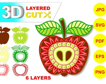 3D CUT Mandala Apple. Layered Cricut cutting files. Paper, laser cut file, wall art, gift for Teacher, Back to School design. Zentangle SVG