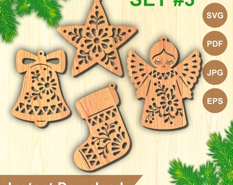 Nordic Christmas Ornament SVG Laser Cut Files | Angel, Star, Bell (Set #3)