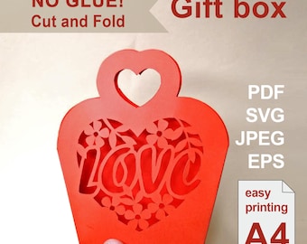 Valentines Day gift Box | Love Box Template | digital printable JPEG, SVG, PdfF file | A4 size DIY paper box | Paper cut box template