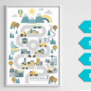 SVG Karte Straße. Digitale Illustration von Passepartout für Road-Play-Aktivitäten oder Poster für kinderzimmer Deko. Stadt, Berge, Gebäude, Autos, Bau