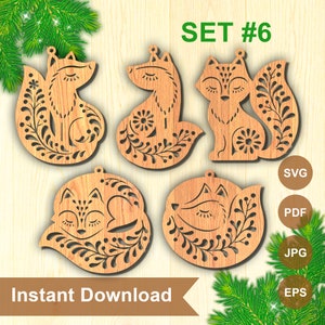 Ornement de sapin de Noël Fichier SVG | Motif scandinave en bois découpé | Décoration de Noël renard | Hygge style nordique Fox | Ensemble de découpe laser n° 6