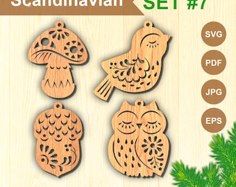 Scandinavian Christmas Ornament SVG: Owl, Acorn, Bird Laser Cut (Set #7)