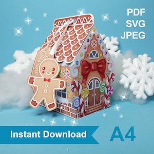 Plantilla de casa de jengibre / Caja de regalo de jengibre de papel / Archivo JPEG, SVG, PDF imprimible digitalmente / Tamaño A4 / Caja de regalo navideña