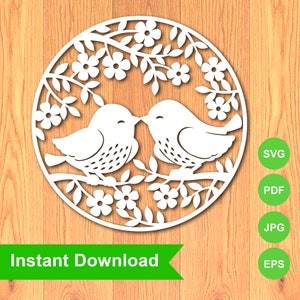 Regalo de San Valentín / Archivo cortado con láser SVG / Pájaros besándose de amor / Adorno cortado con láser Cricut / Descarga digital