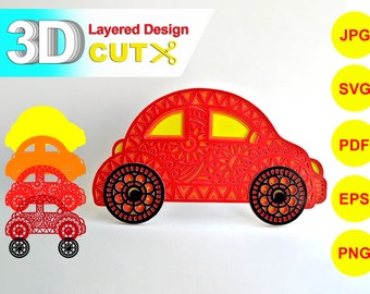 3D CUT mandala car. Layered Cricut cutting files party decor. Vector paper or laser cut file wall art, Zentangle SVG