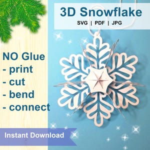 Weihnachtliche 3D Schneeflocke. DIY hängende Dekoration aus Papier, Weihnachtsgirlande. Einfacher Druck A4 SVG, pdf, jpeg Dateien. KEIN Kleber