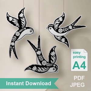 Guirlande d'oiseaux Hirondelles imprimée à la main | Motif scandinave découpé | Décoration de mariage bohème | Guirlande d'oiseaux Hygge | Décoration d'oiseaux d'art populaire