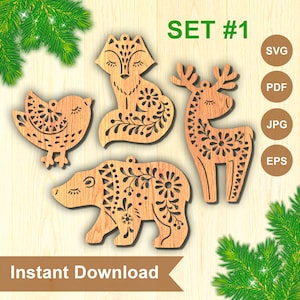 File SVG per decorazioni per l'albero di Natale / Modello scandinavo tagliato / Decorazione natalizia con cervo / Volpe in stile nordico Hygge / Taglio laser di Natale / Set n. 1