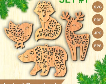 Scandinavian Christmas Ornament SVG: Deer, Fox, Bird, Bear (Set #1) (Digital Files)