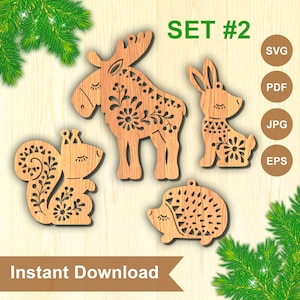 File SVG per decorazioni per l'albero di Natale / Modello scandinavo tagliato / Decorazione natalizia con alce / Stile nordico Hygge con lepre / Taglio laser di Natale / Set n. 2