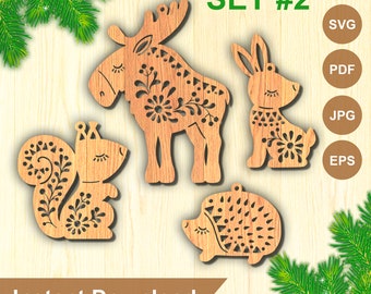 Scandinavian Christmas Ornament SVG: Laser Cut Folk Art Animals (Set #2)