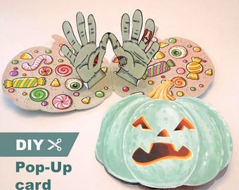 DIY Halloween Pop-Up Card: Pumpkin & Zombie Design (JPG Downloadable Template A4 Size)