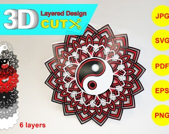 3D CUT yin-yang symbol design in mandala style. Layered Cricut cutting files. Vector paper or laser cut file wall art, Zentangle SVG